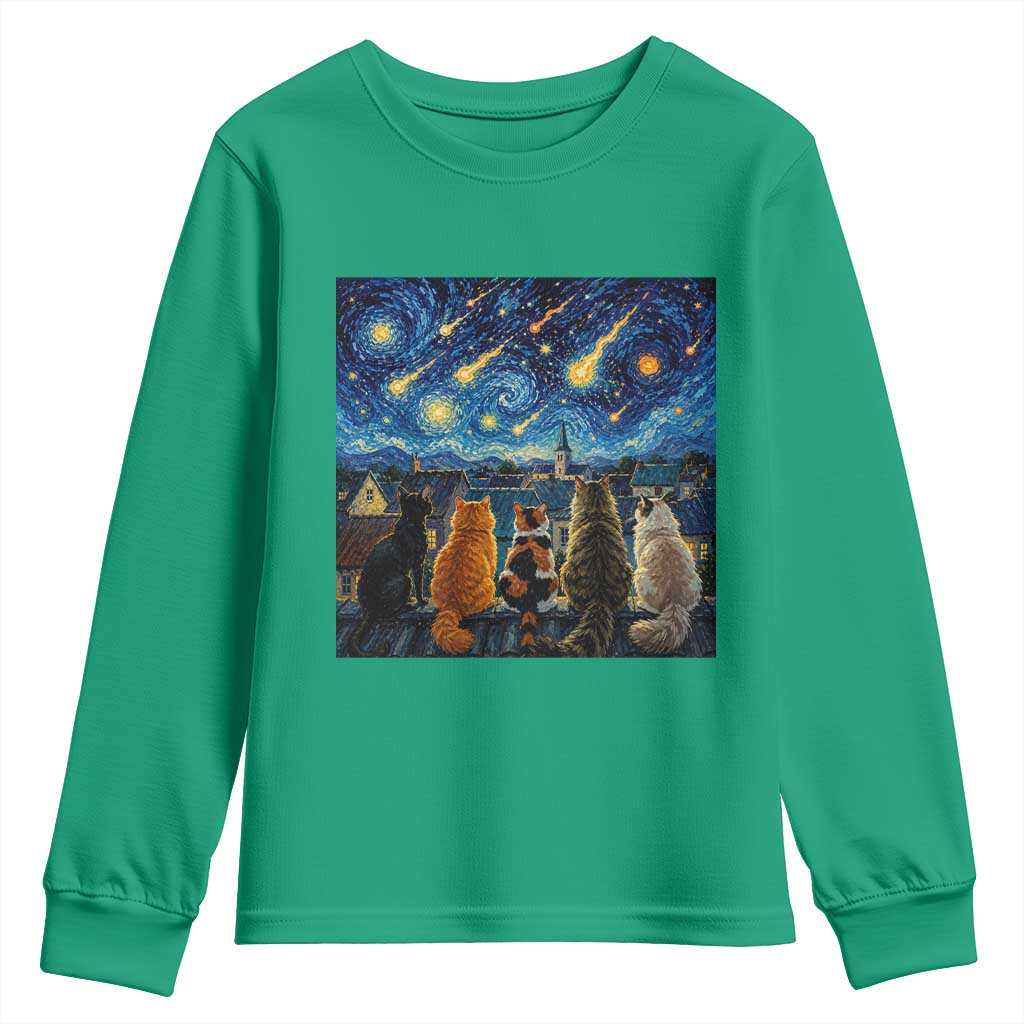 Starry Night Cats Watching Meteors Youth Sweatshirt Astronomy Lover Gift
