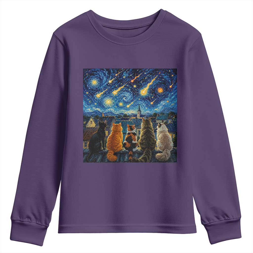 Starry Night Cats Watching Meteors Youth Sweatshirt Astronomy Lover Gift