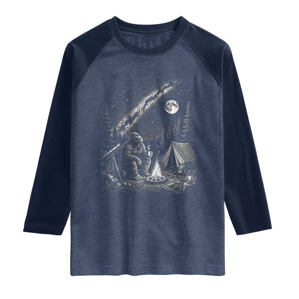 Bigfoot Camping Under Meteor Showers Raglan Shirt Stargazer Gift
