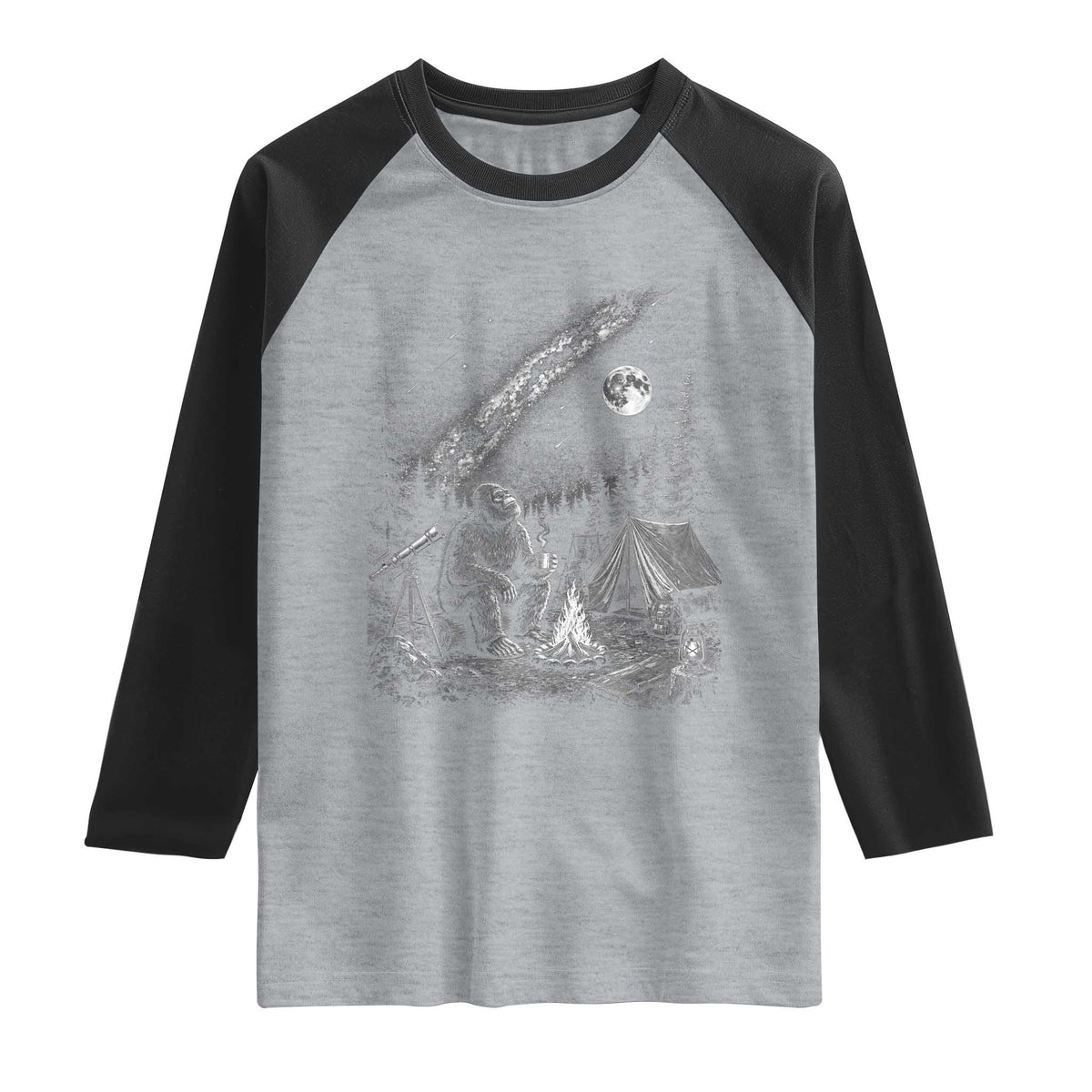 Bigfoot Camping Under Meteor Showers Raglan Shirt Stargazer Gift