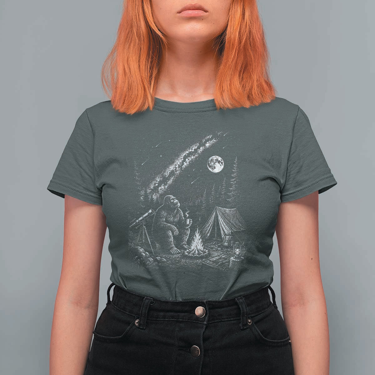 Bigfoot Camping Under Meteor Showers T Shirt For Women Stargazer Gift
