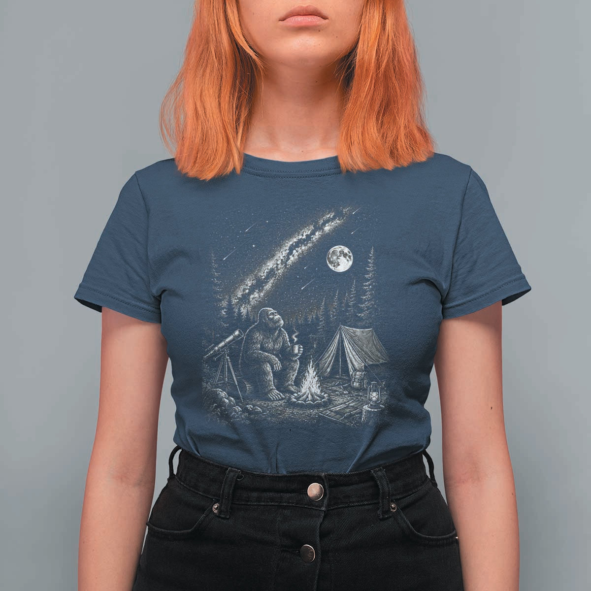 Bigfoot Camping Under Meteor Showers T Shirt For Women Stargazer Gift