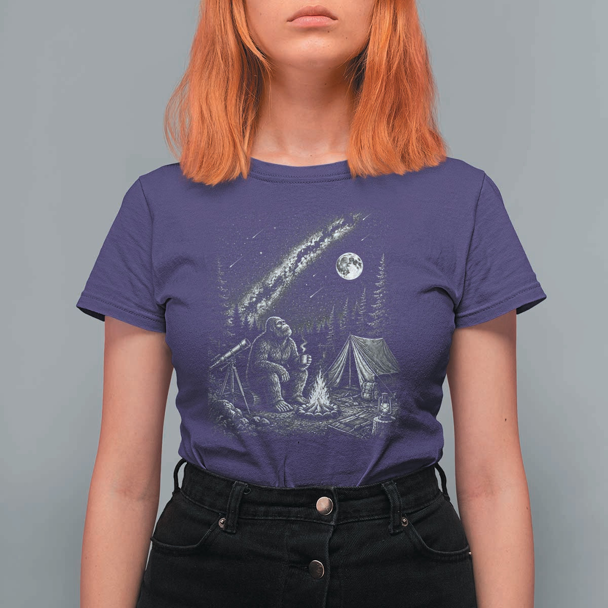 Bigfoot Camping Under Meteor Showers T Shirt For Women Stargazer Gift