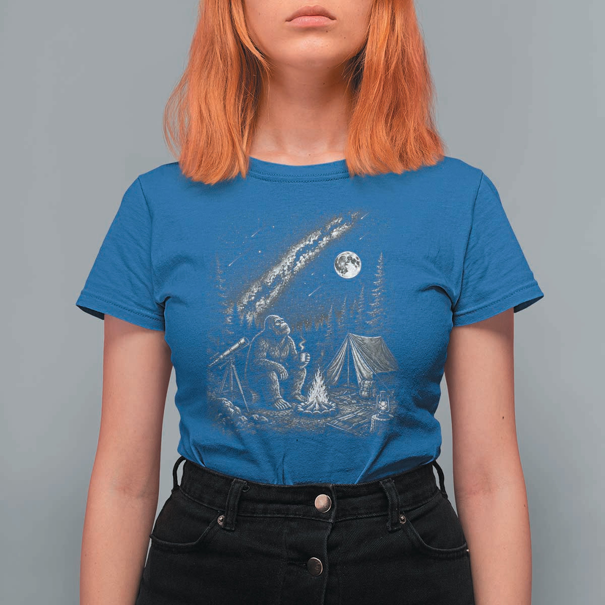 Bigfoot Camping Under Meteor Showers T Shirt For Women Stargazer Gift