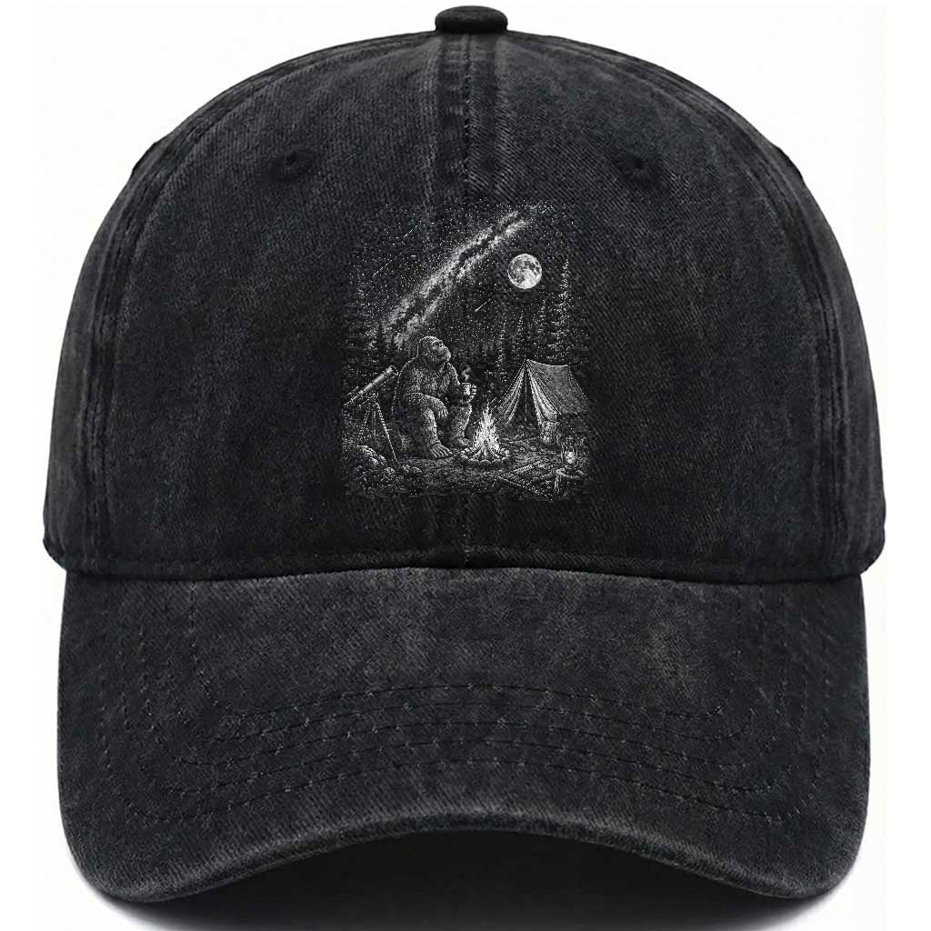 Bigfoot Camping Under Meteor Showers Washed Cotton Baseball Cap Stargazer Gift