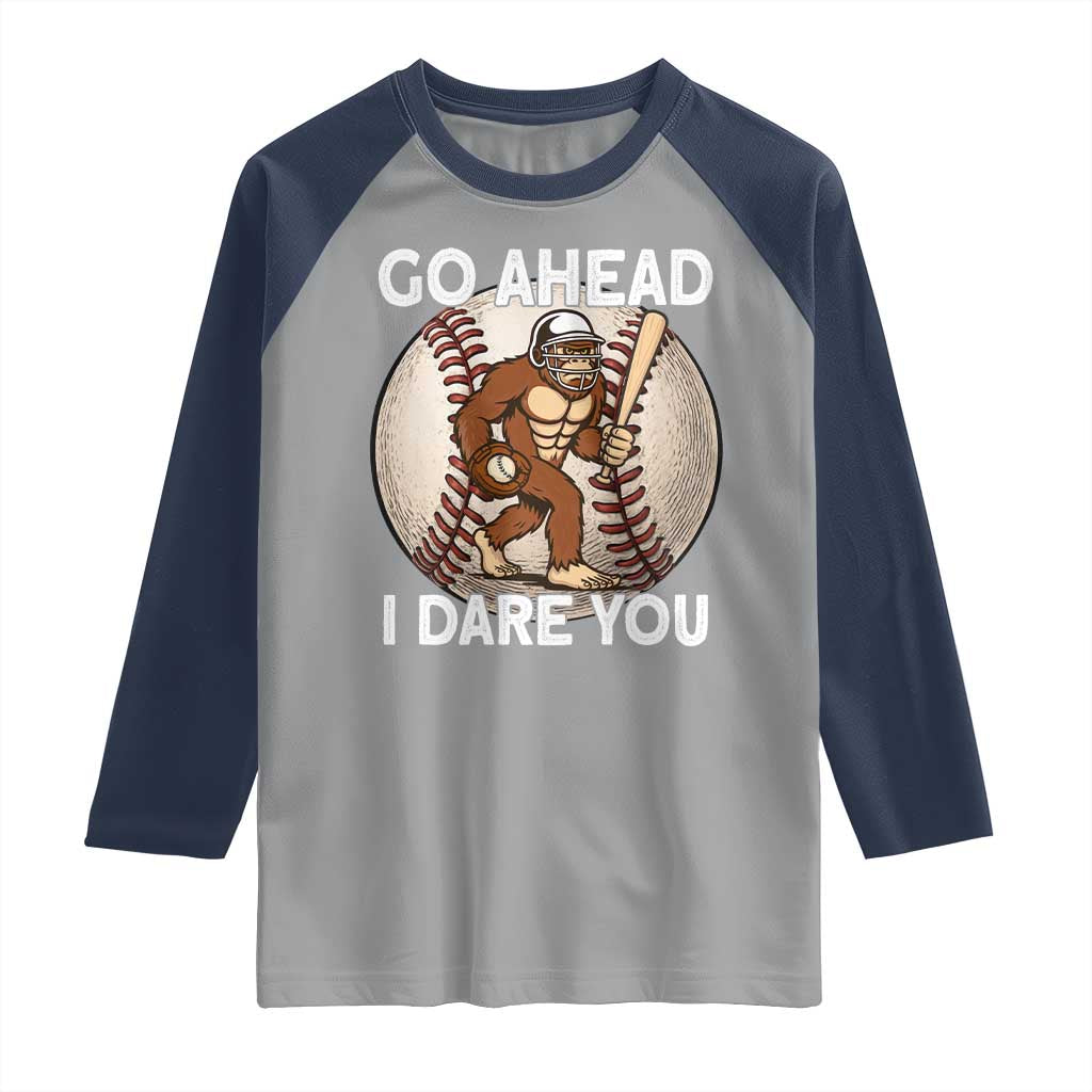 Funny Bigfoot Baseball Catcher Raglan Shirt Go Ahead I Dare You Gift - Wonder Print Shop