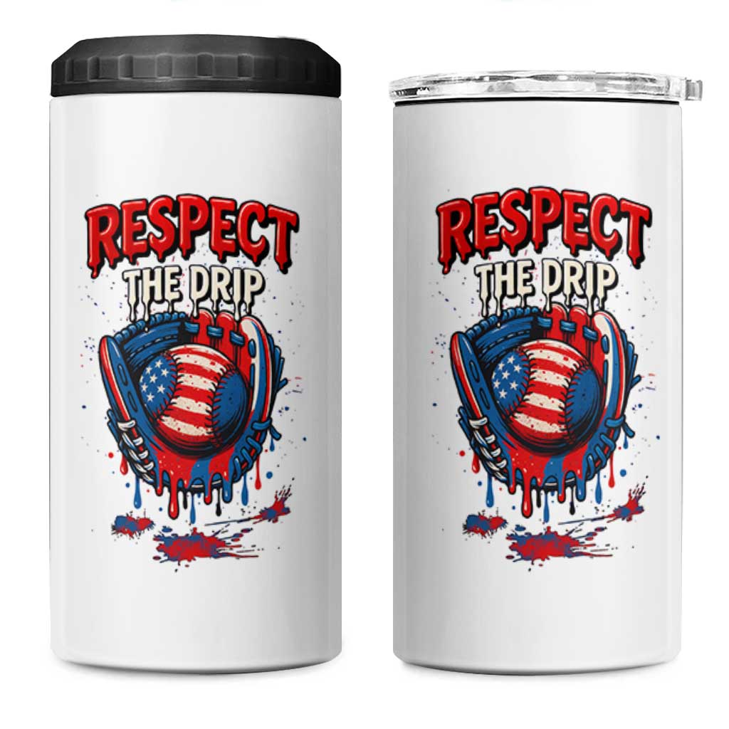 Respect The Drip 4 in 1 Can Cooler Tumbler Patriotic Baseball USA Sports Lover