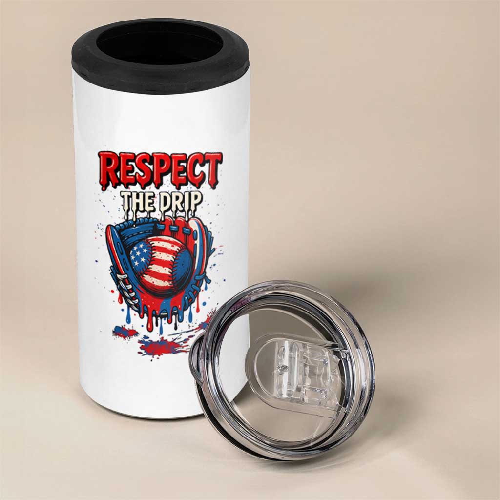 Respect The Drip 4 in 1 Can Cooler Tumbler Patriotic Baseball USA Sports Lover