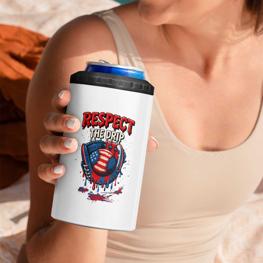 Respect The Drip 4 in 1 Can Cooler Tumbler Patriotic Baseball USA Sports Lover