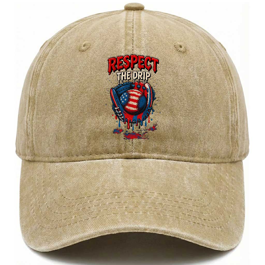 Respect The Drip Washed Cotton Baseball Cap Patriotic Baseball USA Sports Lover