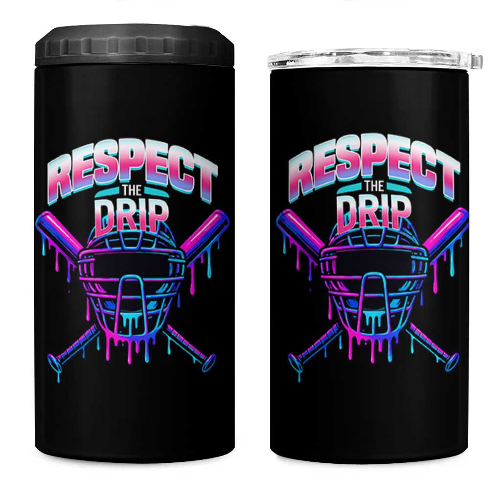 Respect The Drip 4 in 1 Can Cooler Tumbler Funny Baseball Catcher Mask Sports Lover