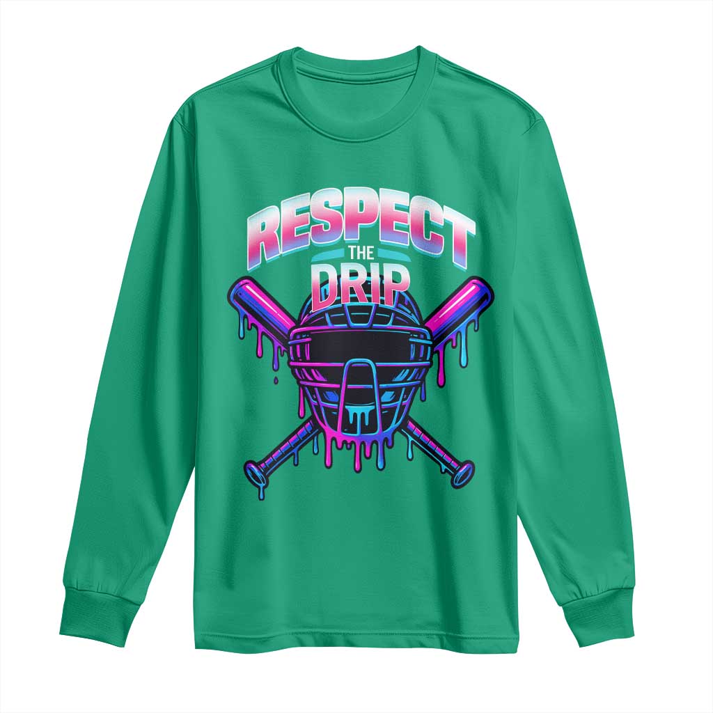 Respect The Drip Long Sleeve Shirt Funny Baseball Catcher Mask Sports Lover - Wonder Print Shop