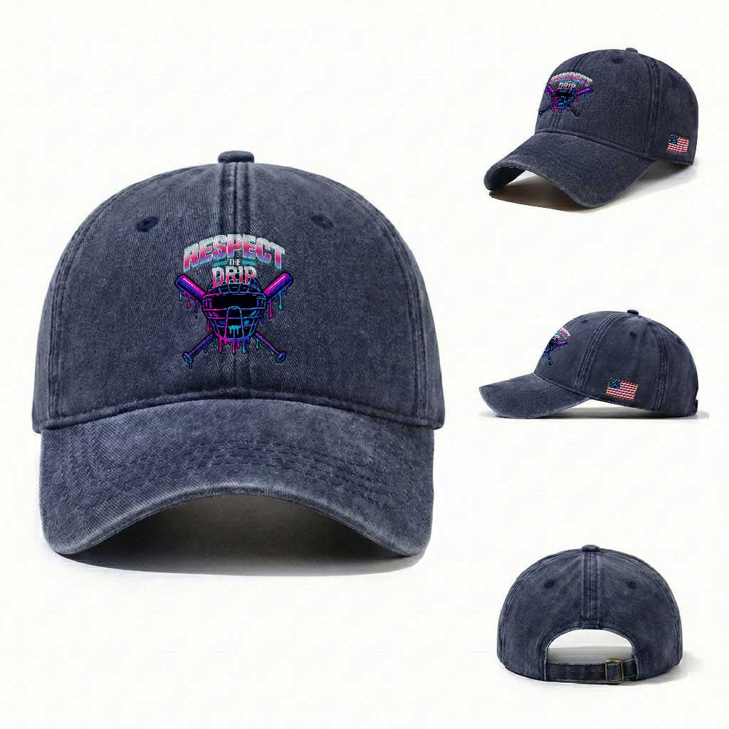 Respect The Drip Washed Cotton Baseball Cap Funny Baseball Catcher Mask Sports Lover