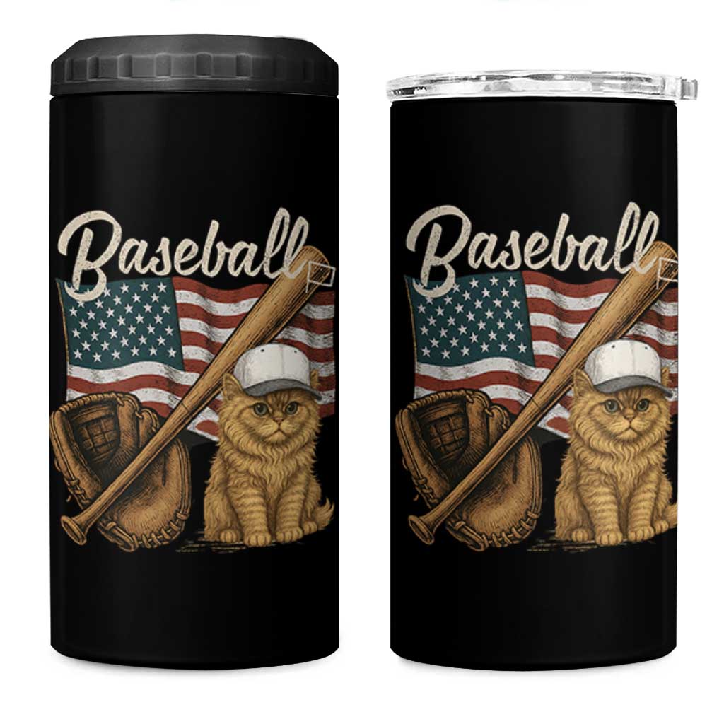 Funny Baseball Cat Lover 4 in 1 Can Cooler Tumbler Patriotic USA Sports Lover