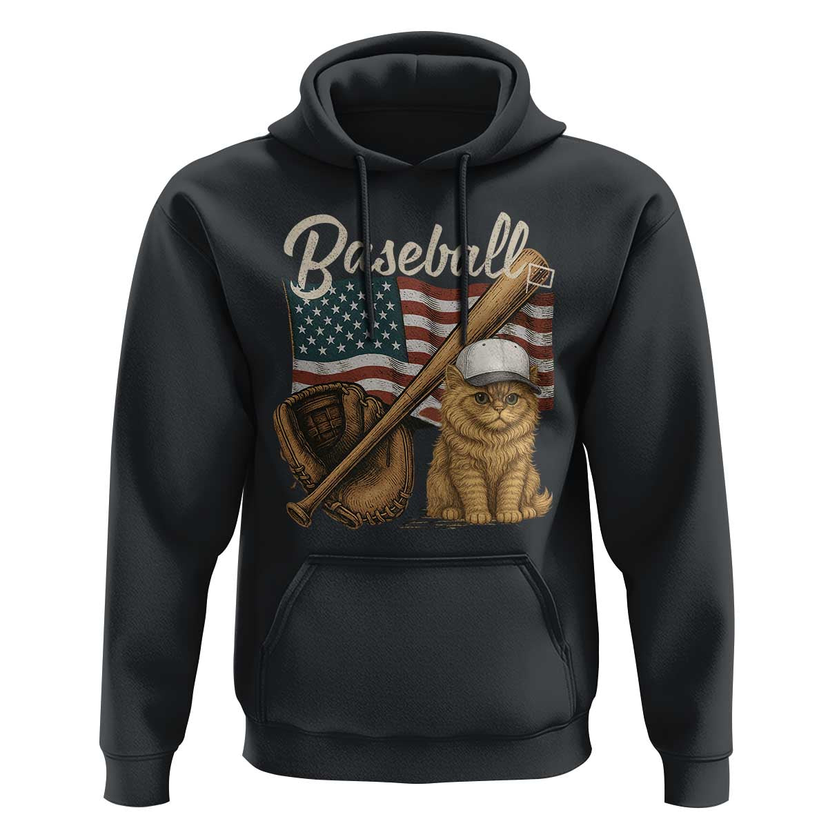 Funny Baseball Cat Lover Hoodie Patriotic USA Sports Lover - Wonder Print Shop