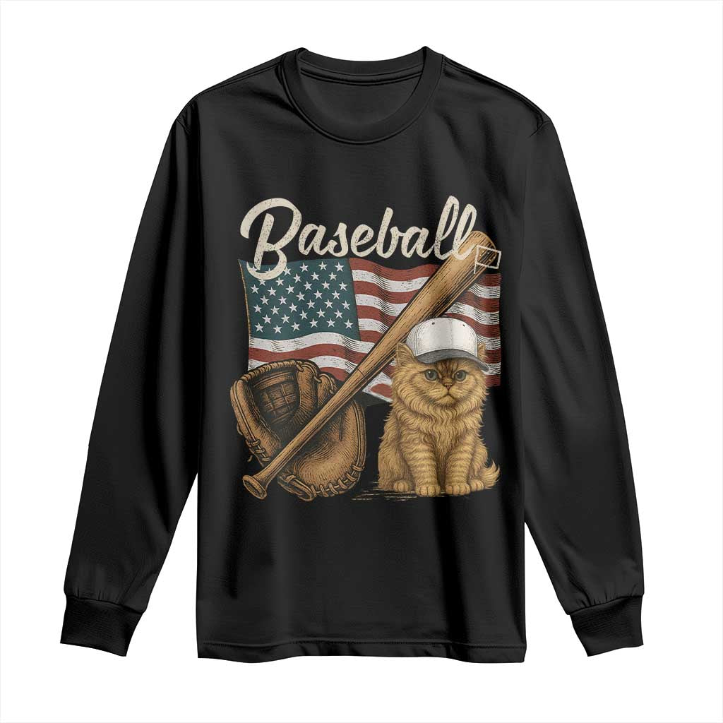 Funny Baseball Cat Lover Long Sleeve Shirt Patriotic USA Sports Lover - Wonder Print Shop