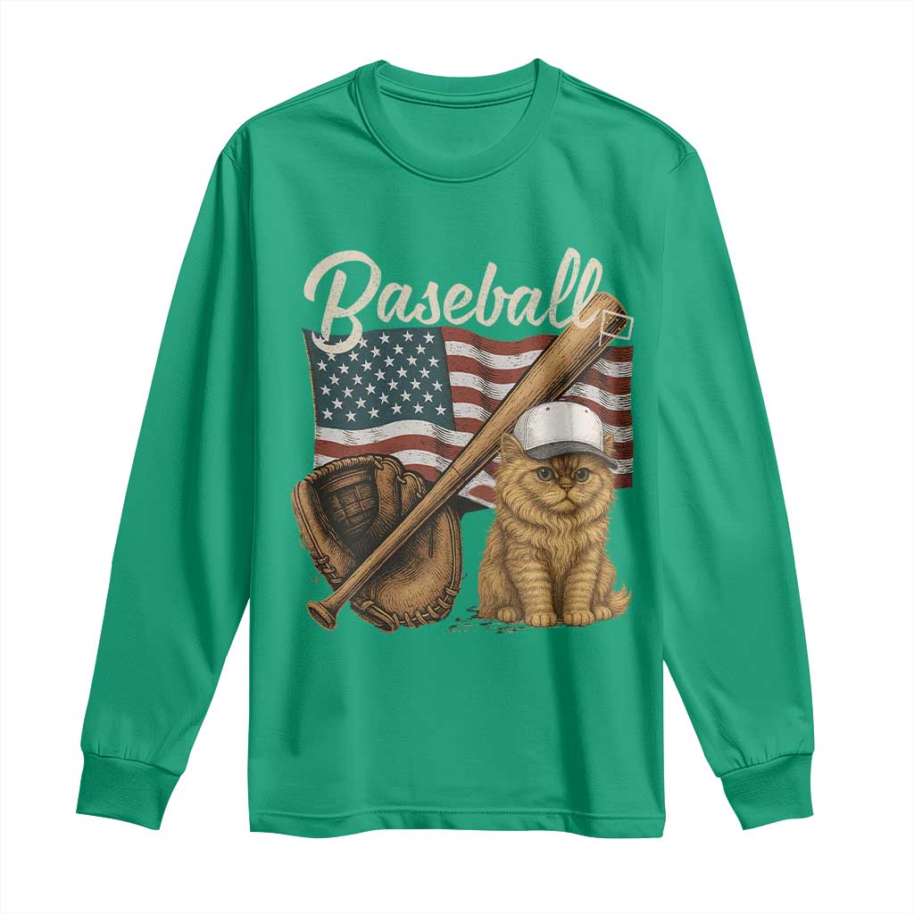Funny Baseball Cat Lover Long Sleeve Shirt Patriotic USA Sports Lover - Wonder Print Shop