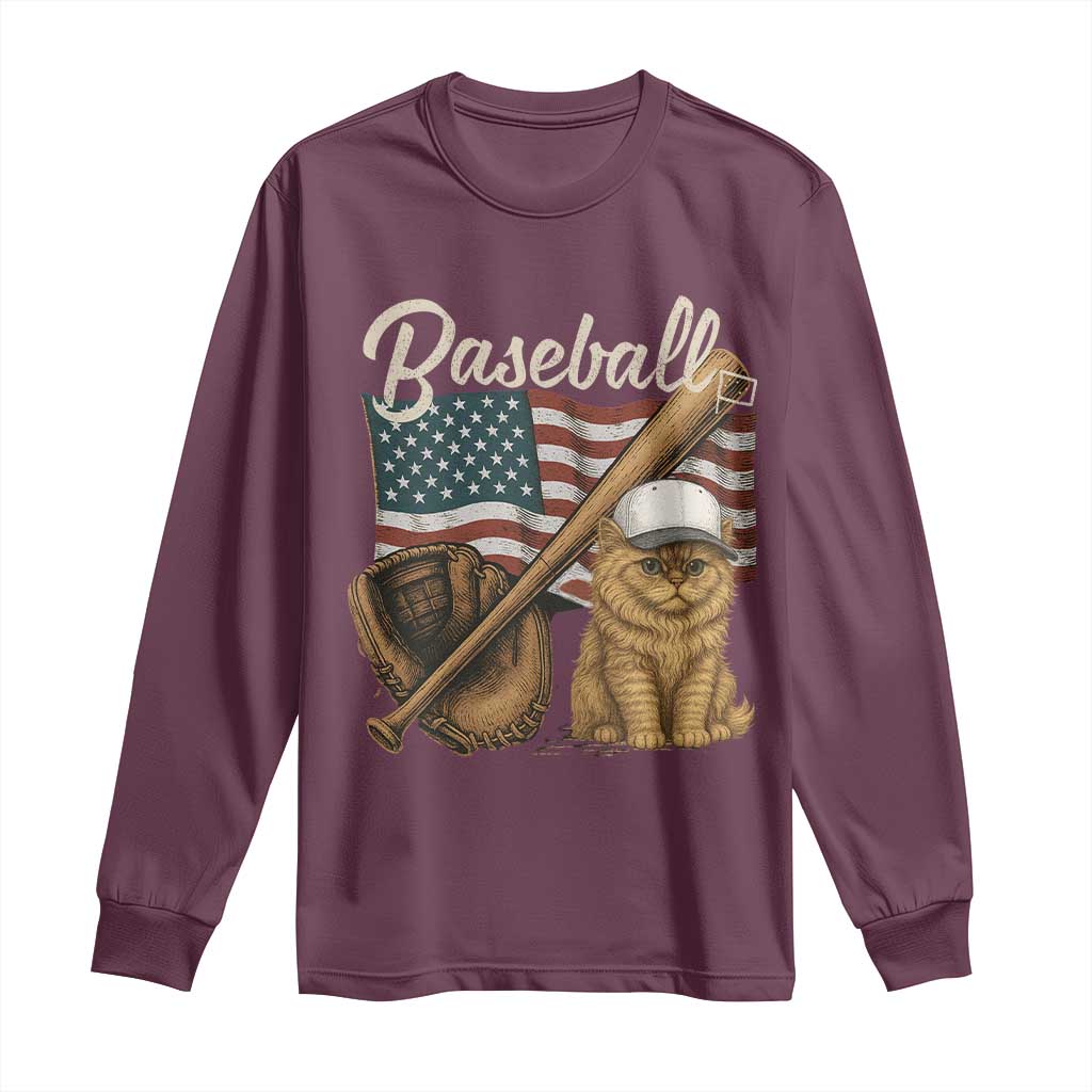 Funny Baseball Cat Lover Long Sleeve Shirt Patriotic USA Sports Lover - Wonder Print Shop
