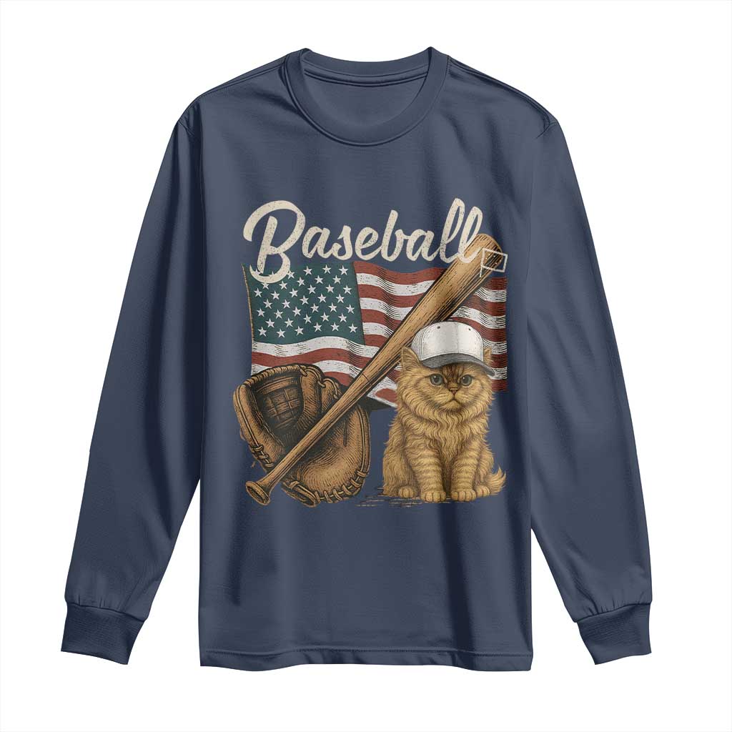 Funny Baseball Cat Lover Long Sleeve Shirt Patriotic USA Sports Lover - Wonder Print Shop