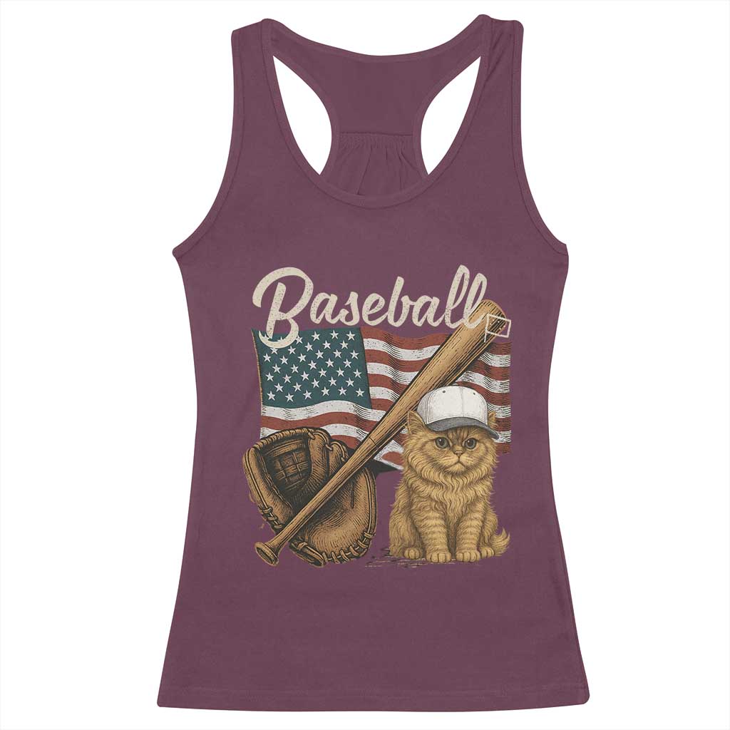 Funny Baseball Cat Lover Racerback Tank Top Patriotic USA Sports Lover - Wonder Print Shop