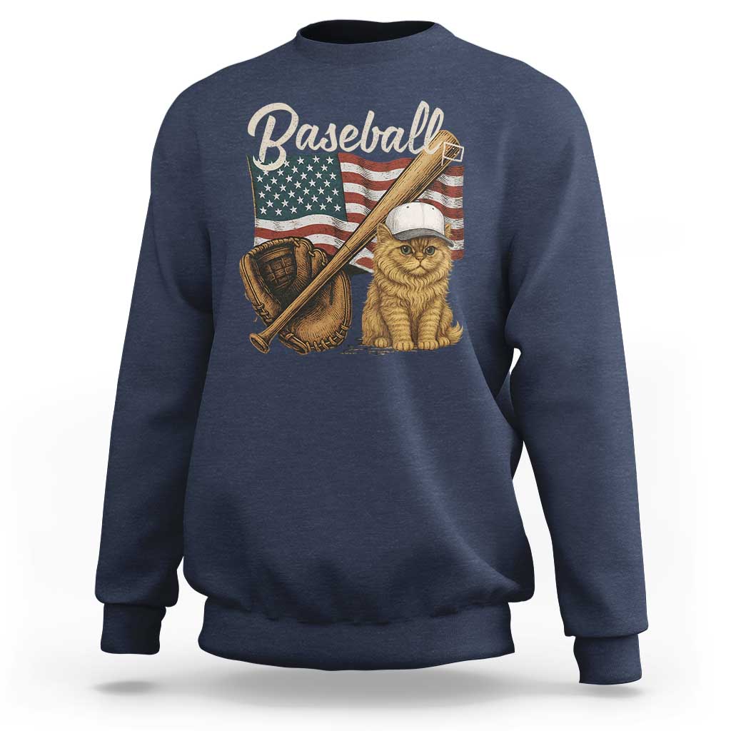 Funny Baseball Cat Lover Sweatshirt Patriotic USA Sports Lover - Wonder Print Shop