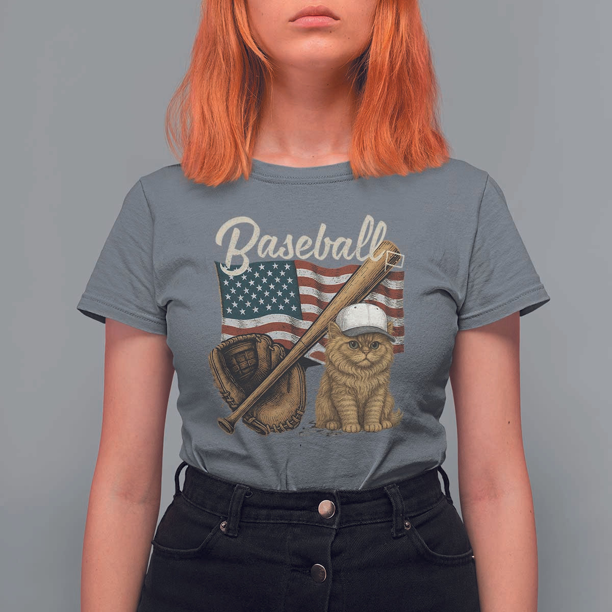 Funny Baseball Cat Lover T Shirt For Women Patriotic USA Sports Lover - Wonder Print Shop