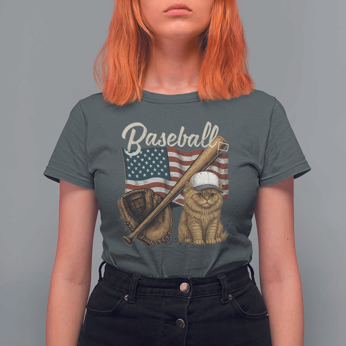 Funny Baseball Cat Lover T Shirt For Women Patriotic USA Sports Lover - Wonder Print Shop