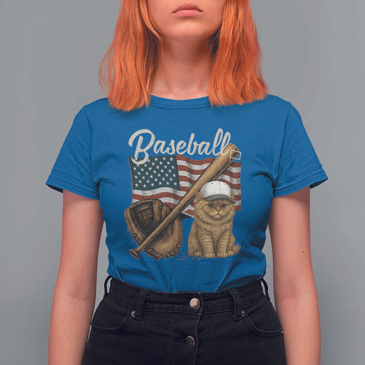 Funny Baseball Cat Lover T Shirt For Women Patriotic USA Sports Lover - Wonder Print Shop