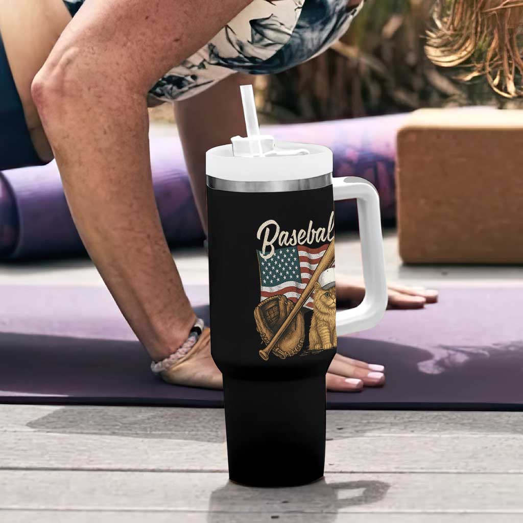 Funny Baseball Cat Lover Tumbler With Handle Patriotic USA Sports Lover
