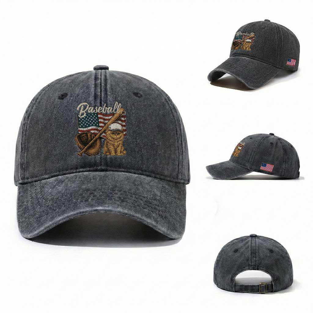 Funny Baseball Cat Lover Washed Cotton Baseball Cap Patriotic USA Sports Lover