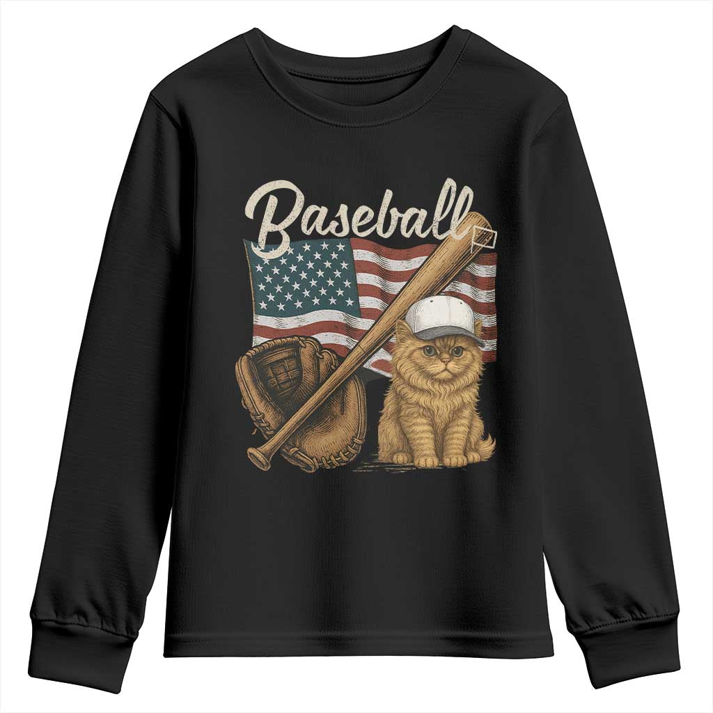 Funny Baseball Cat Lover Youth Sweatshirt Patriotic USA Sports Lover - Wonder Print Shop