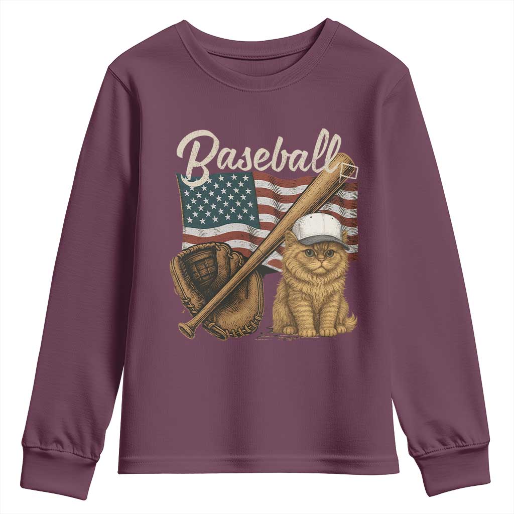 Funny Baseball Cat Lover Youth Sweatshirt Patriotic USA Sports Lover - Wonder Print Shop