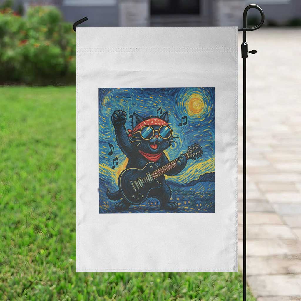 Funny Rock And Roll Garden Flag Cat Playing Guitar Starry Night Music Lover - Wonder Print Shop