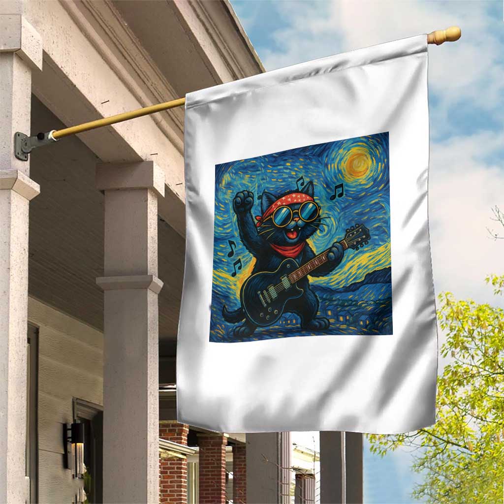 Funny Rock And Roll Garden Flag Cat Playing Guitar Starry Night Music Lover - Wonder Print Shop