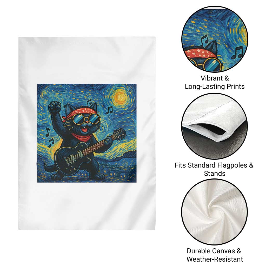 Funny Rock And Roll Garden Flag Cat Playing Guitar Starry Night Music Lover - Wonder Print Shop