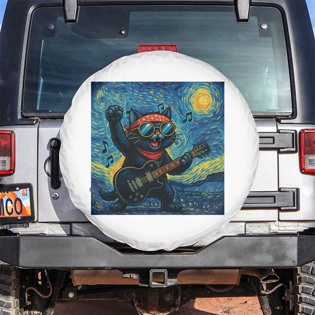 Funny Rock And Roll Spare Tire Cover Cat Playing Guitar Starry Night Music Lover - Wonder Print Shop