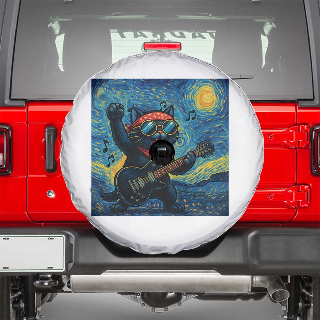 Funny Rock And Roll Spare Tire Cover Cat Playing Guitar Starry Night Music Lover - Wonder Print Shop