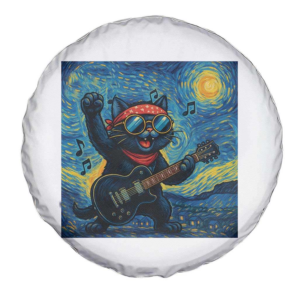 Funny Rock And Roll Spare Tire Cover Cat Playing Guitar Starry Night Music Lover - Wonder Print Shop