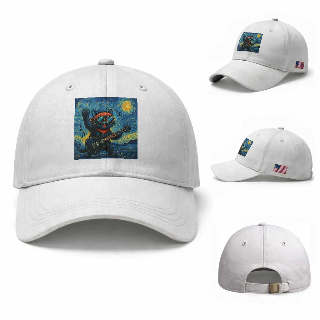 Funny Rock And Roll Baseball Cap Cat Playing Guitar Starry Night Music Lover