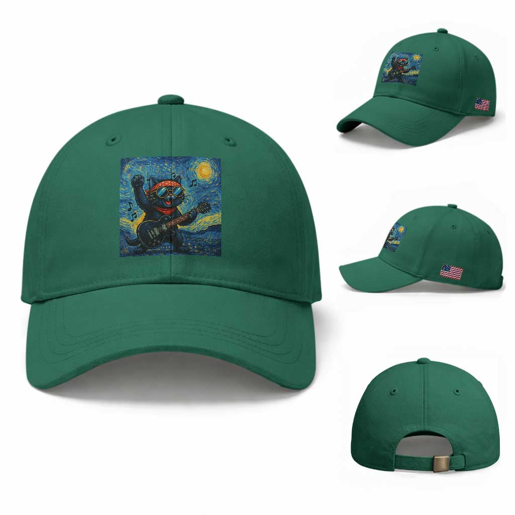 Funny Rock And Roll Baseball Cap Cat Playing Guitar Starry Night Music Lover