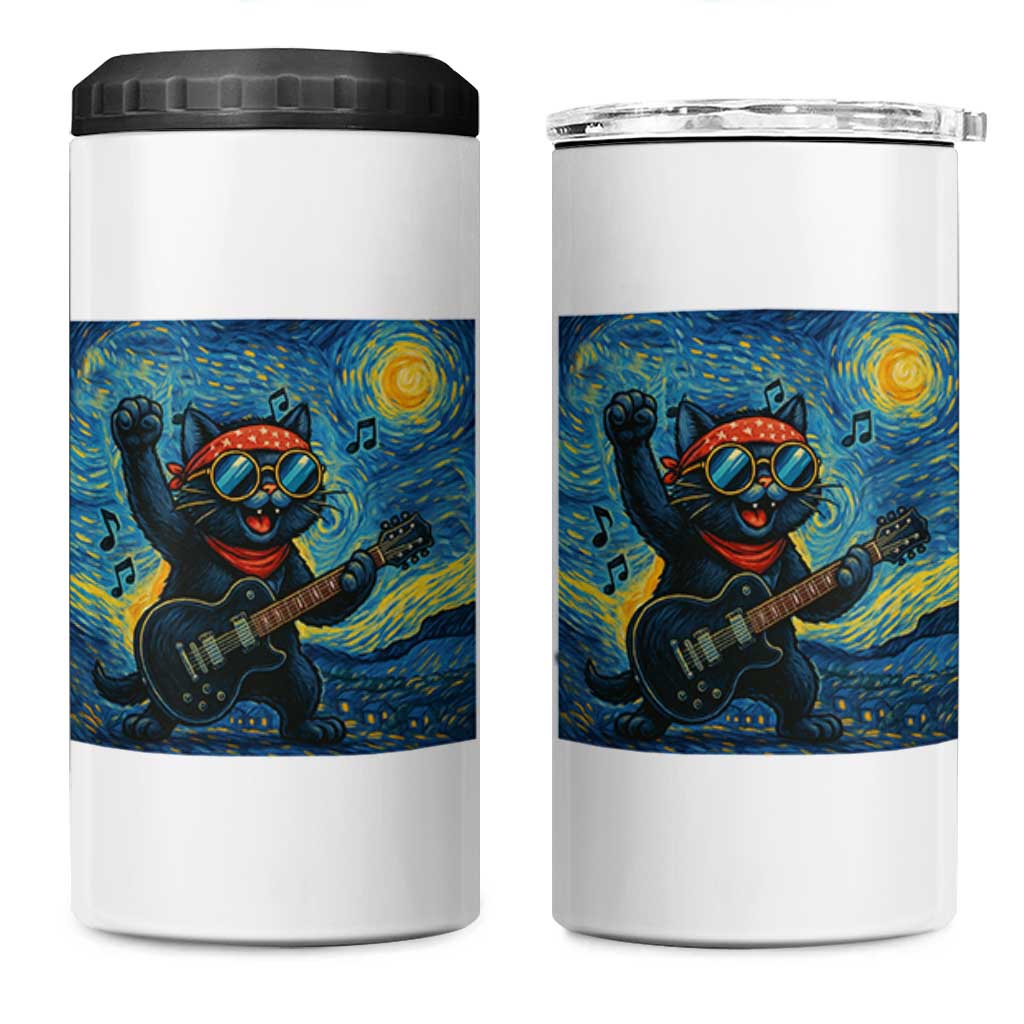 Funny Rock And Roll 4 in 1 Can Cooler Tumbler Cat Playing Guitar Starry Night Music Lover