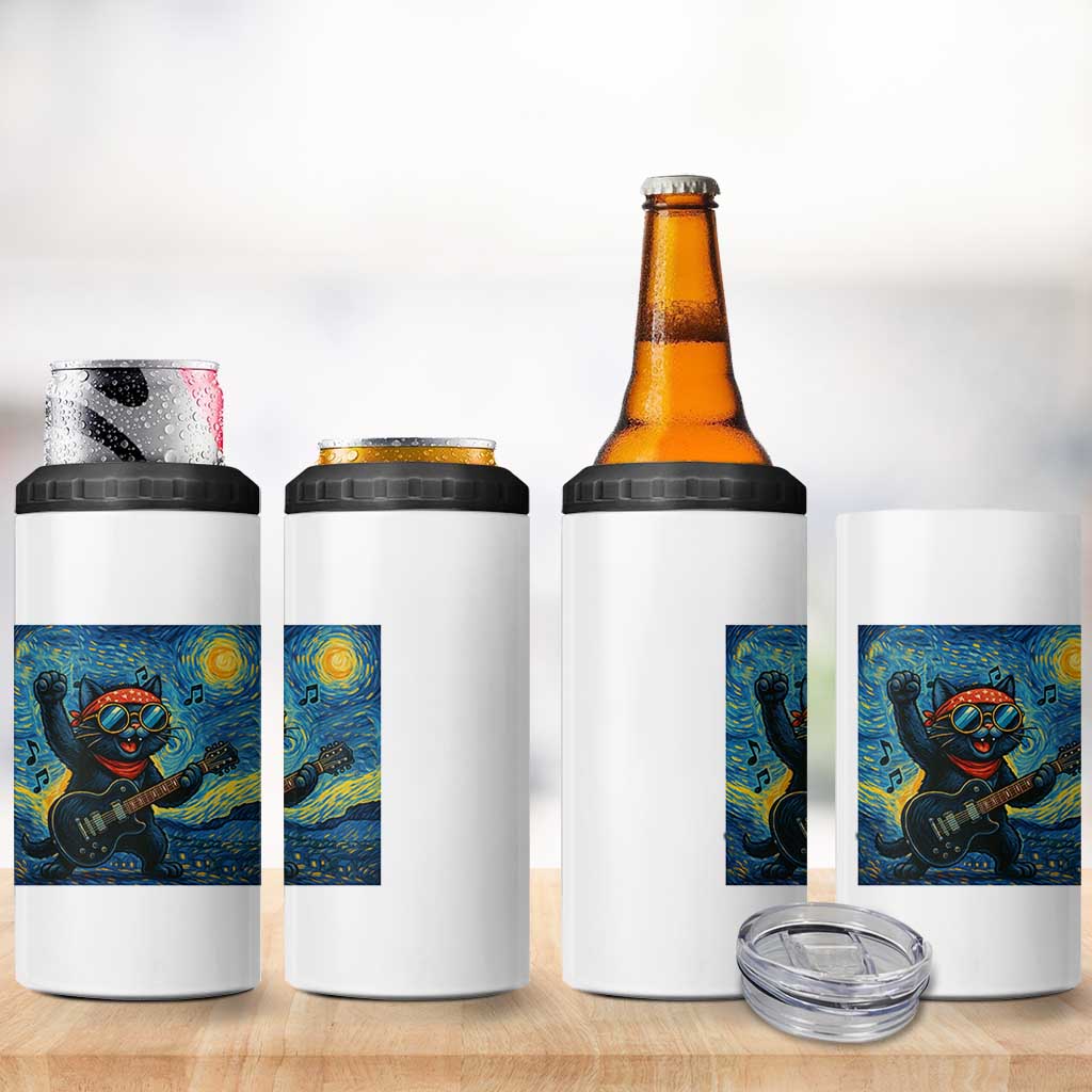 Funny Rock And Roll 4 in 1 Can Cooler Tumbler Cat Playing Guitar Starry Night Music Lover