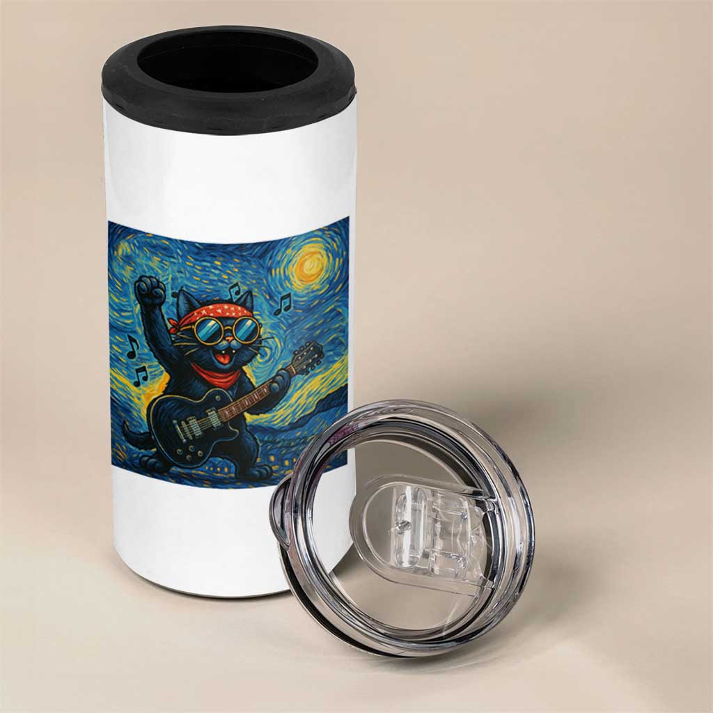 Funny Rock And Roll 4 in 1 Can Cooler Tumbler Cat Playing Guitar Starry Night Music Lover