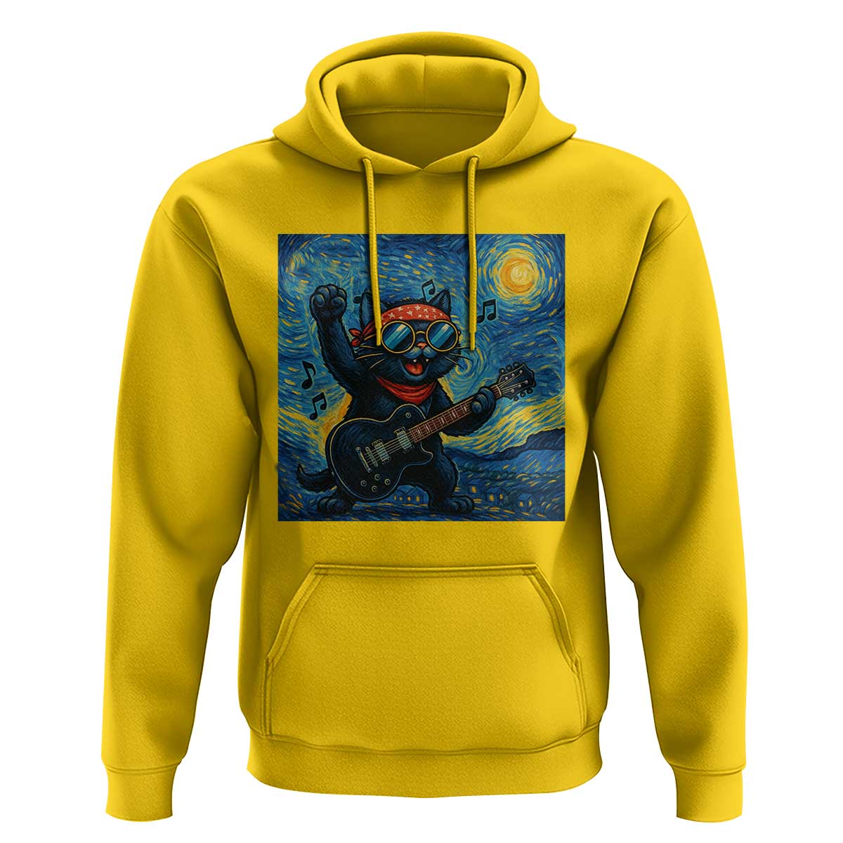 Funny Rock And Roll Hoodie Cat Playing Guitar Starry Night Music Lover - Wonder Print Shop