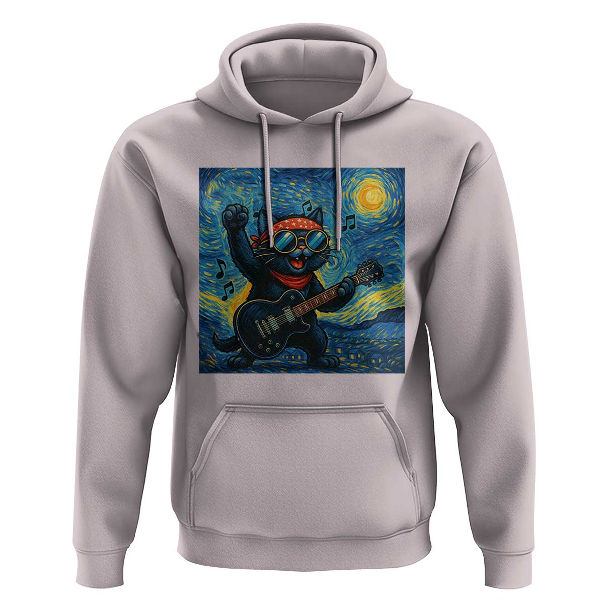 Funny Rock And Roll Hoodie Cat Playing Guitar Starry Night Music Lover - Wonder Print Shop