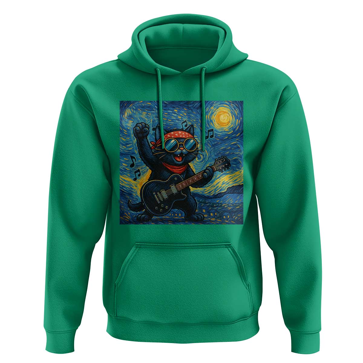 Funny Rock And Roll Hoodie Cat Playing Guitar Starry Night Music Lover - Wonder Print Shop