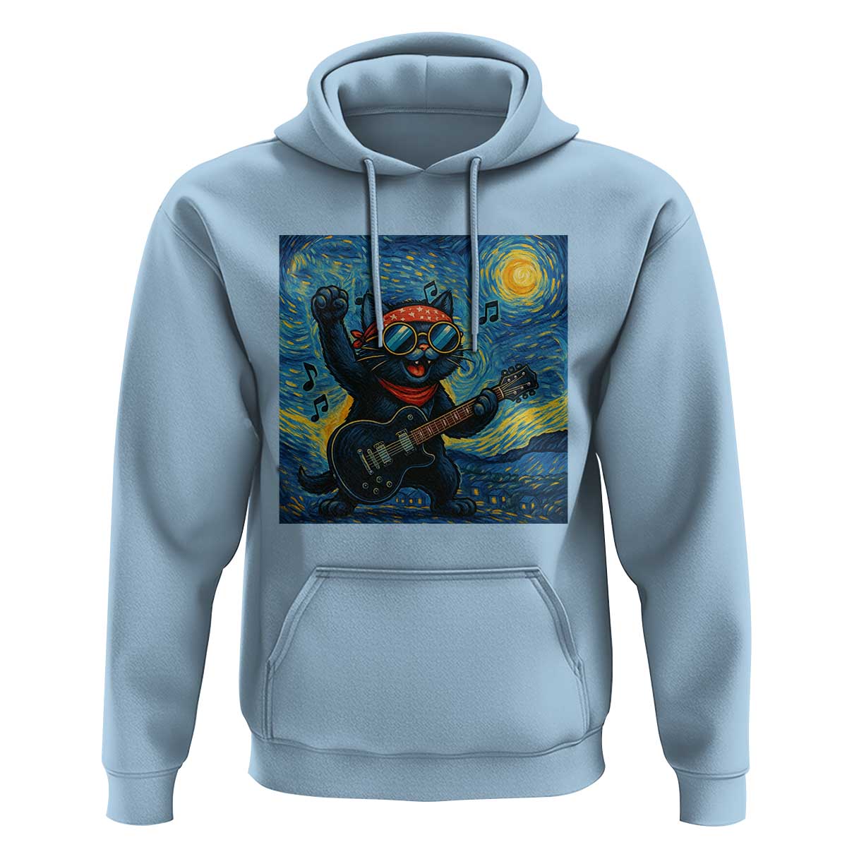 Funny Rock And Roll Hoodie Cat Playing Guitar Starry Night Music Lover - Wonder Print Shop