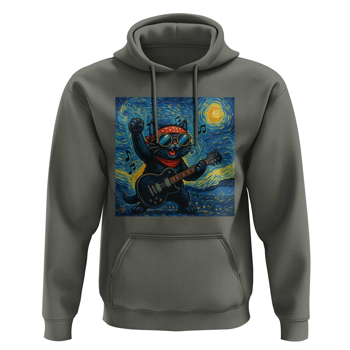 Funny Rock And Roll Hoodie Cat Playing Guitar Starry Night Music Lover - Wonder Print Shop