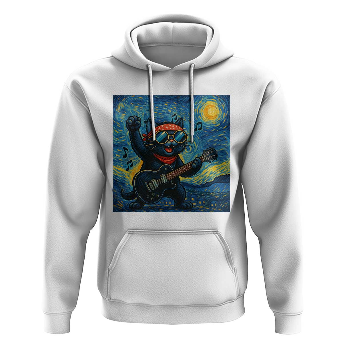 Funny Rock And Roll Hoodie Cat Playing Guitar Starry Night Music Lover - Wonder Print Shop