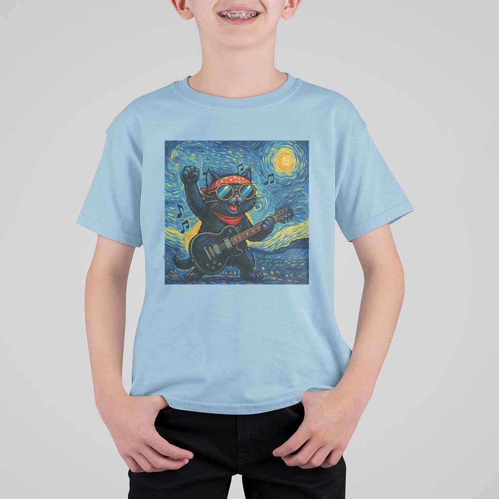 Funny Rock And Roll T Shirt For Kid Cat Playing Guitar Starry Night Music Lover - Wonder Print Shop